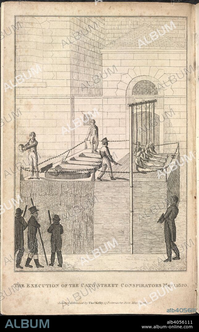 Execution scene. An authentic History of the Cato-Street Conspiracy. Thomas Kelly: London, 1820. The execution of the Cato Street conspirators May 1, 1820'. Arthur Thistlewood and four others were convicted of high treason and hanged. They were also decapitated.  Image taken from An authentic History of the Cato-Street Conspiracy; with the trials at large of the conspirators for high treason and murder; a description of their weapons and combustible machines, and every particular connected with the horrid plot. With portraits of all the conspirators and other engravings.  Originally published/produced in Thomas Kelly: London, 1820. . Source: 6495.aaa.42, opposite 385. Language: English.