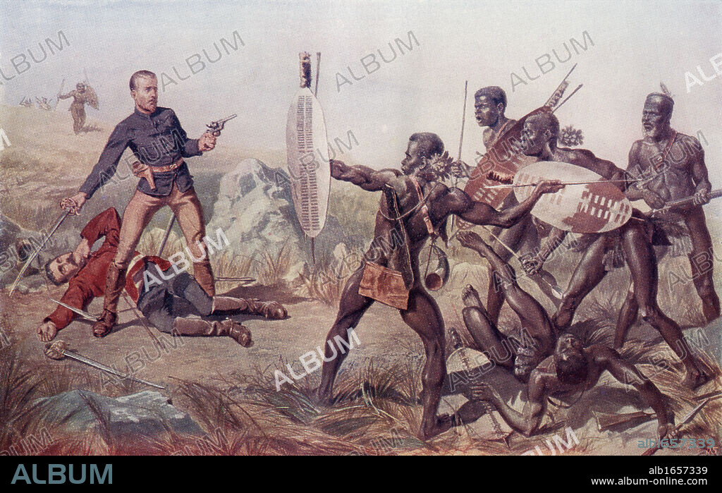 Lieutenants Melvill and Coghill, 24th Regiment, dying to save The Queen's Colours at the Battle of Isandlwana, during the Anglo-Zulu war, 1879. From the book South Africa and the Transvaal War, Volume 1 by Louis Creswicke, published 1900.