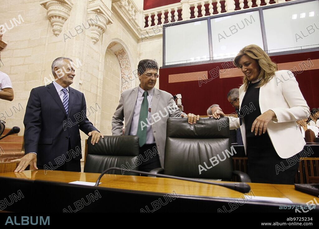 Seville. 4-September-2013. Investiture debate speech by Susana Diaz, the first female president of the Andalusian regional government. In the Image: Jose Antonio Grián, Susana Díaz Pacheco and Diego Valderas. Photo: Raul Doblado. Archsev Raul dubbed.