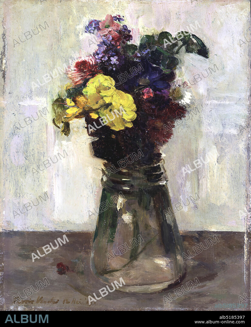 painting, Floris Verster, 18 May 1919, Signature front, bottom left: Floris Verster 18 May '19, panel, oil paint, painted, Carrier: 20.3 × 16.3 × 2cm (203 × 163 × 20mm), With frame: 33.8 × 28.3 × 1.8cm (338 × 283 × 18mm), still life, flower, Still life with flowers. In a glass vase are a number of spring flowers. The colors yellow, blue and pink predominate. The vase is on a dark background and is depicted against a light background. Signed bottom left. The painting is in a gold-colored wooden frame with a white-painted inner edge, 1957.