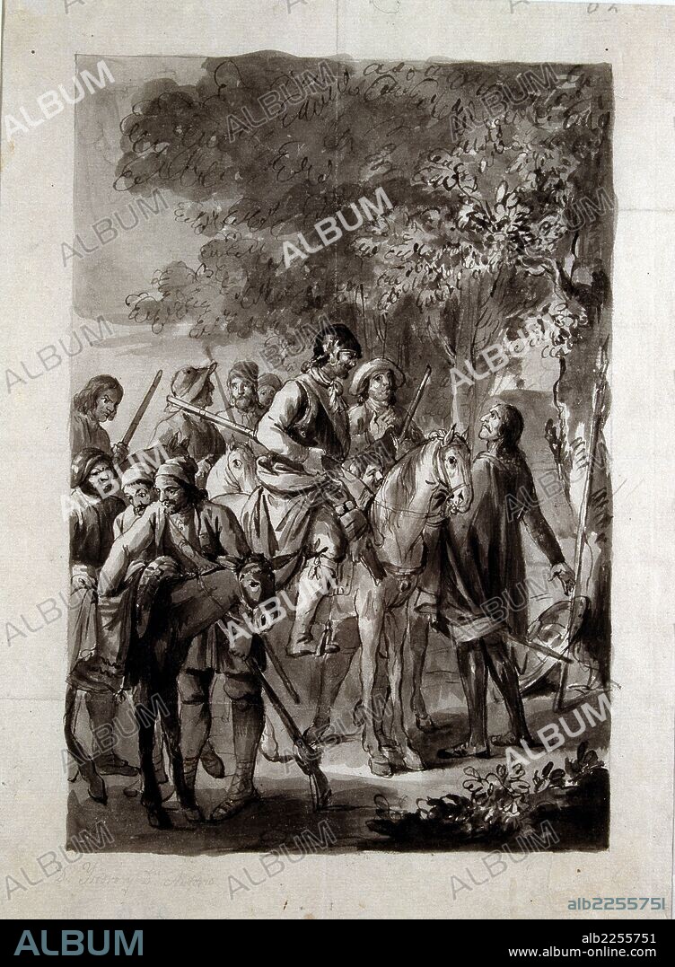 CERVANTES SAAVEDRA, MIGUEL DE.QUIJOTE, DON. PERSONAJE OBRA DE MIGUEL DE CERVANTES "DON QUIJOTE DE LA MANCHA". " DON QUIJOTE ENCUENRA A LA CUADRILLA DE ROQUE GUINART ". DIBUJO DE ANTONIO CARNICERO. ED. IBARRA 1780. BIBLIOTECA NACIONAL. MADRID.