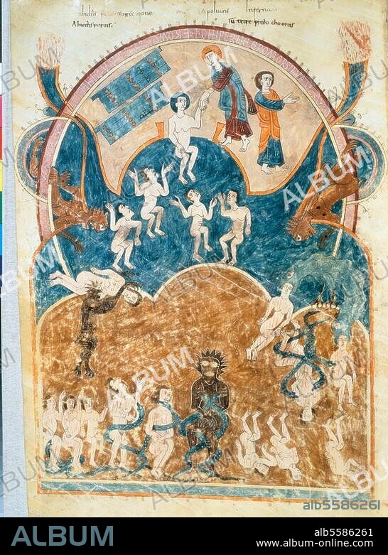 EMERETRIUS (ILLUMINATOR) y ENDE (ILLUMINATORIN). Illumination, mozarabic, monastery S.Salvador de Tábara, Emeretrius (monk) and Ende (nun), 975. The Last Judgement (Rise of the blessed and fall of the damned). From the Beatus of Gerona (Beato de Liébana, In apocalypsin commentarius - apocalypse commentary, 786). On parchment, 400 × 260 mm. Ms. 7 (11), fol. 17 v, Gerona, Museo Capitular de la Catedral.