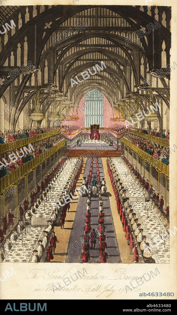 Coronation banquet of King George IV, Westminster Hall, 1821. The Challenge of the Champion, a knight in armour on horseback, accompanied by the Duke of Wellington, throws down the gauntlet. Two rows of tables occupied by nobles in ermine before the king on a canopied throne at the top table. The Grand Coronation Banquet in Westminster Hall, July 17 1821. Handcoloured copperplate engraving from Real Life in London, or, the Further Rambles and Adventures of Bob Tallyho, Esq. and His Cousin The Hon. Tom Dashall, through the Metropolis, Jones, London 1821. Anonymous imitation of Pierce Egans Life in London.