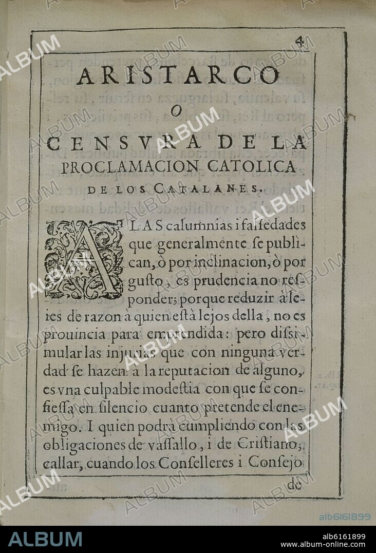 RIOJA FRANCISCO. ARISTARCO O CENSURA DE LA PROCLAMACION CATOLICA DE LOS CATALANES.