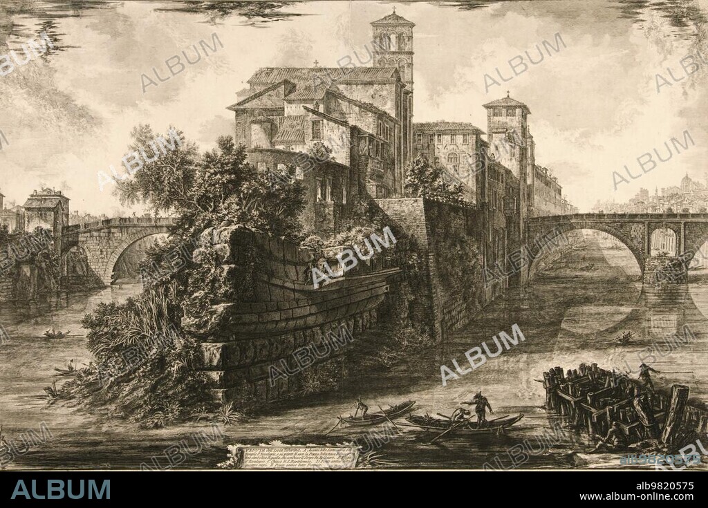 Ancient Rome, Isola Tiberina, the island in the Tiber, Tiber Island, 1770, Italy, Historical, digitally restored reproduction from an original of the time