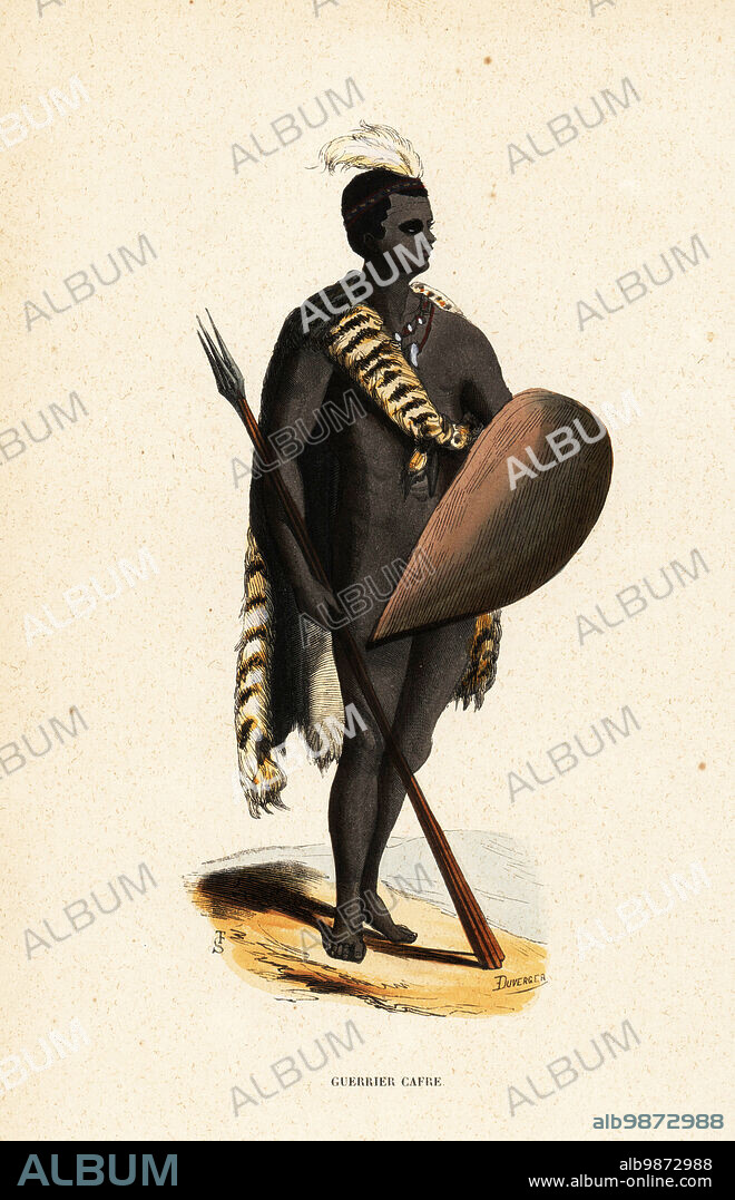 San warrior from South Africa. He wears an animal skin cape, an ostrich feather in his hair, and carries a shield and three spears or assegai. Guerrier Cafre. Handcoloured woodcut by T.S. and Duverger from Auguste Wahlen's Moeurs, Usages et Costumes de tous les Peuples du Monde, (Manners, Customs and Costumes of all the People of the World) Librairie Historique-Artistique, Brussels, 1845. Wahlen was the pseudonym of Jean-Francois-Nicolas Loumyer (1801-1875), a writer and archivist with the Heraldic Department of Belgium.