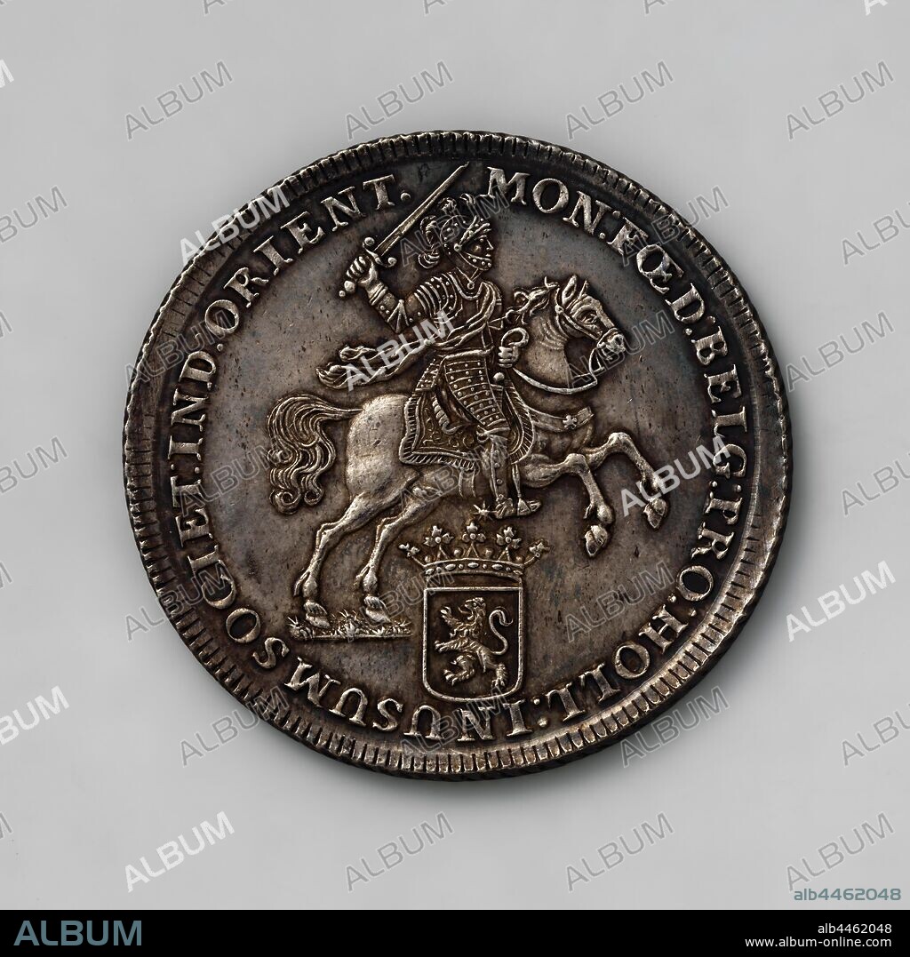 Dukaton or silver driver of the VOC from Holland, 1739, VOC, dukaton or silver driver, Holland, Silver coin. Front: armored knight with sword on horse to the right, including a crowned coat of arms of Holland. Reverse: crowned generality coat of arms, including cartouche, in which a monogram from the VOC. Year in circumscription, above crown. Cable edge., Verenigde Oostindische Compagnie, Dordrecht, silver (metal), striking (metalworking), d 4.2 cm × w 32.53 gr.