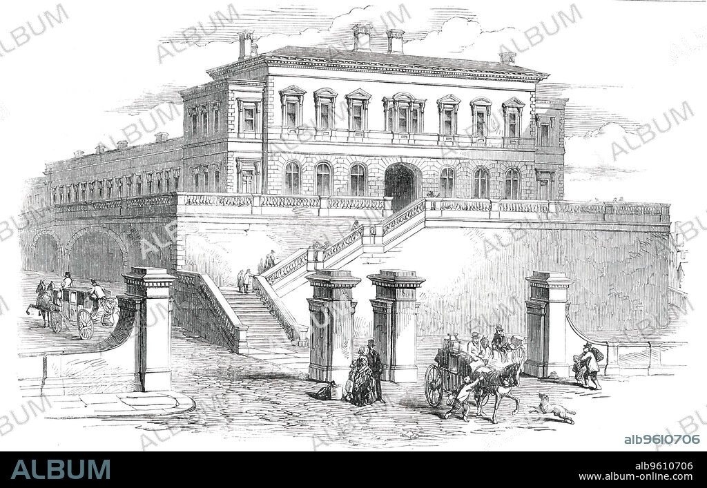 New Railway Station in Tithebarn-Street, Liverpool, 1850. 'The new station...will form a terminus for three distinct lines. The Lancashire and Yorkshire will carry the traffic of the two Ridings; the East Lancashire will conduct the business of that district of the county whose name it bears; and the Liverpool and Southport, which will be amalgamated with the first-named railway, will open out the traffic through Bootle and Waterloo...The booking-offices and waiting-rooms are in a handsome stone building, in the Italian style of architecture, having a frontage...of 117 feet...The station will be approached from Tithebarn-street, by two large ornamented iron gates, having massive stone piers. From these an incline road, 30 feet wide, brings carriages to the level of the platform, while the approach for foot-passengers will be by a flight of highly ornamented stone steps...'. From "Illustrated London News", 1850.
