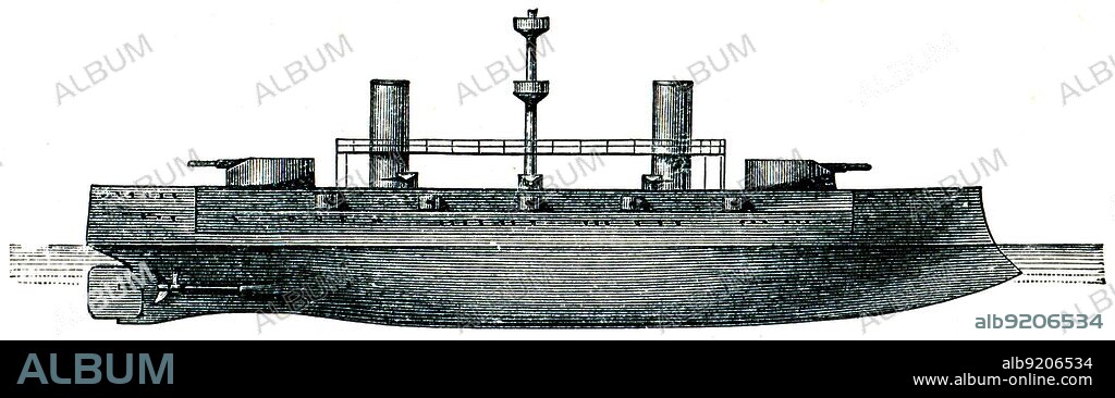 Giuseppe Garibaldi, the Italian armored cruiser, 1897, 6810 tons, 100 meters. An illustration from the encyclopedia publishers 'Education', St. Petersburg, Russian Empire, 1896.