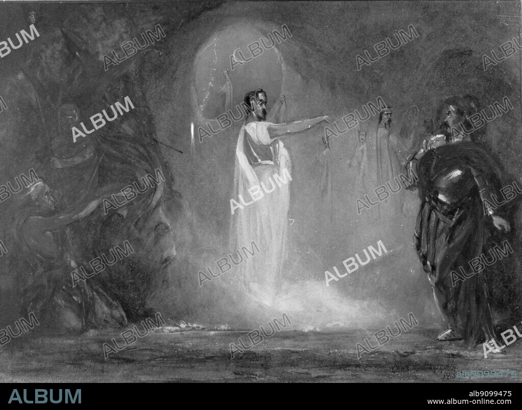 Scene from Macbeth Act IV scene 1, Banquo's ghost by Charles Cattermole. 1859.