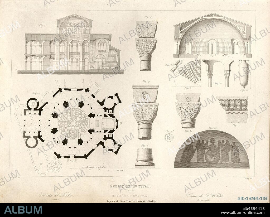 Church of St. Vital. Details, Floor plan and cross section of the church of San Vitale in Ravenna, signed: Bouchet del, Bury sc, Fig. 32, p. 117, Bouchet, Jules Frédéric (del.); Bury, Jean Baptiste Marie (sc.), 1853, Jules Gailhabaud: Monuments anciens et modernes: collection formant une histoire de l'architecture des différents peuples à toutes les époques. Paris: Librairie de Firmin Didot frères, 1853.