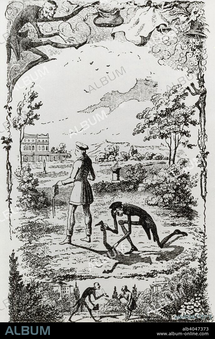 Illustration from  Peter Schlemihls Wundersame Geschichte, by Adelbert von Chamisso, 1814. The story tells of a man, Peter Schlemihl, who sells his shadow to the Devil in exchange for a bottomless wallet, but discovers that a man without a shadow is shunned by society. The woman he loves rejects him, and Schlemihl spends the remainder of his life wandering the world in scientific exploration.