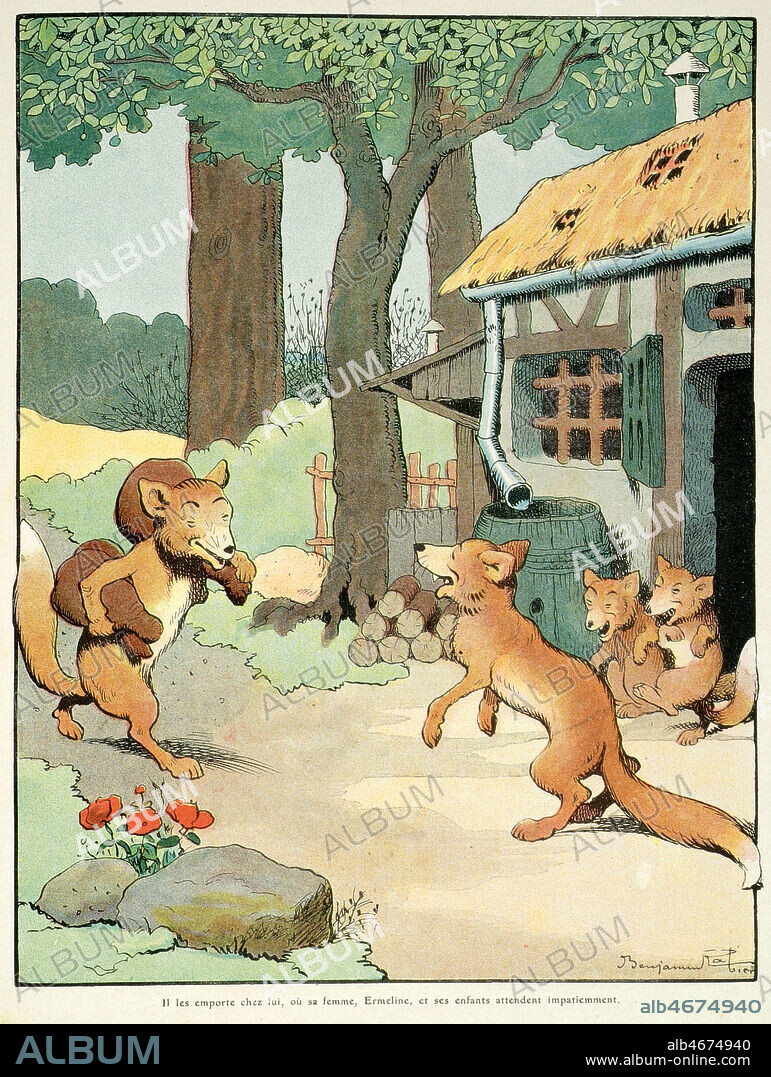 Renart emporte les jambons chez lui ou sa femme, Ermeline et ses enfants attendent impatiemment. Illustration de 1909 par Benjamin RABIER (1864-1939) pour Le Roman du Renard. Credit : Collection Grob/KHARBINE-TAPABOR.