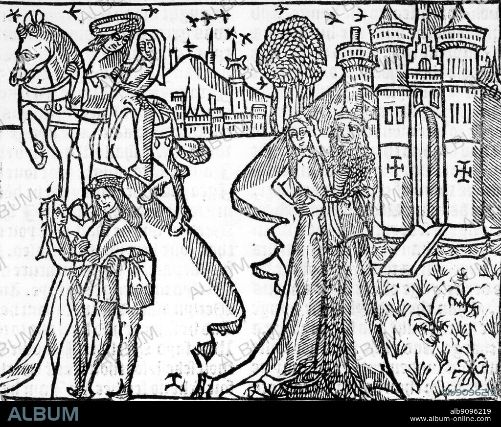 Uther Pendragon and Igraine (together on right) before her magical seduction by him in the form of her husband the Duke of Cornwall.