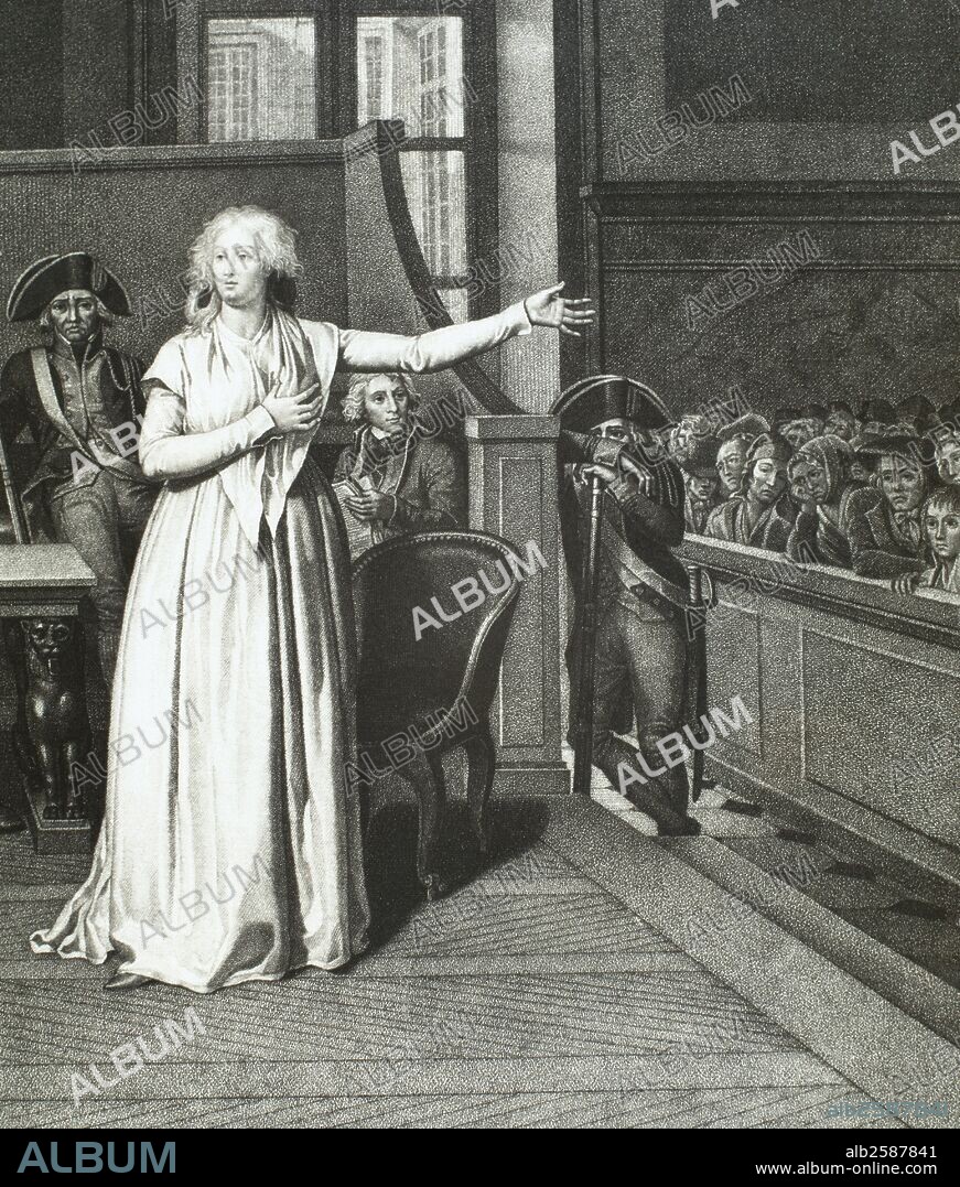 MARIA ANTONIETA. (Viena, 1755-París, 1793). Esposa de Luis XVI y reina de Francia (1774-1792). Desde el inicio de la Revolución Francesa fue la máxima representante de la aristocrácia conservadora. El 16 de octubre de 1793 fue juzgada y condenada. "MARIA ANTONIETA ANTE EL TRIBUNAL". Grabado.