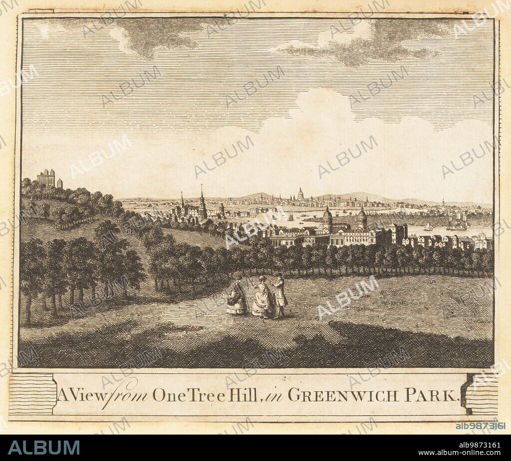 View of Greenwich and the Thames, 1784. Flamsteed House, Royal Observatory, St. Alfrege Church, Royal Hospital (now Royal Naval College), woods and deer park. The River Thames and St. Paul's Cathedral in the background. A View from One Tree Hill in Greenwich Park. Copperplate engraving from William Thorntons New, Complete and Universal History of the City of London, Alexander Hogg, King's Arms, No. 16 Paternoster Row, London, 1784.