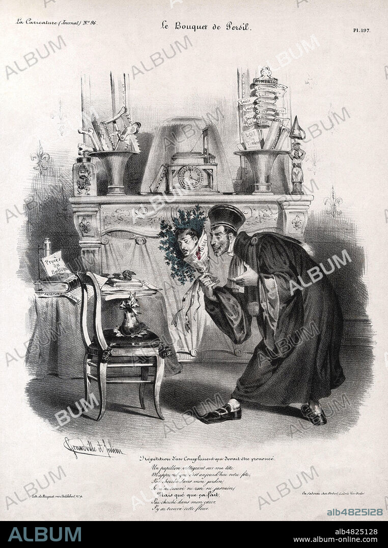 Le bouquet de Persil. Caricature de GRANDVILLE (1803-1847) et JULIEN pour La Caricature du 6 septembre 1832. (Le procureur general Jean-Charles PERSIL (1785-1870) offre la tete d'Armand CARREL (1800-1836) dans une feuille de son journal Le National au roi LOUIS-PHILIPPE figure par une poire). Credit : Collection Jonas/Kharbine-Tapabor.