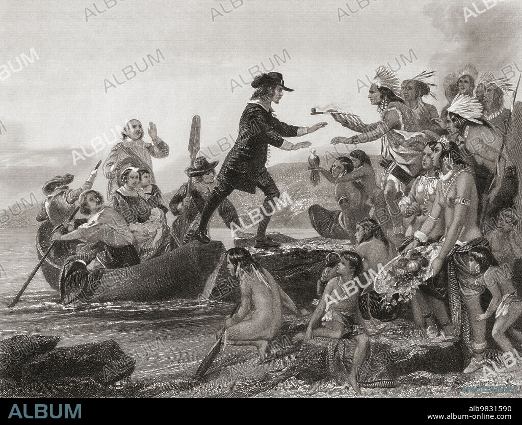 Roger Williams, c.1603 - 1683. English essayist, clergyman, pamphleteeer and religious writer. Founder of the Colony of Rhode Island. Here being greeted by the Narragansett indians as he steps foot on what would become the Colony of Rhode Island. After an engraving by George Hall from a work by Alonzo Chappel.