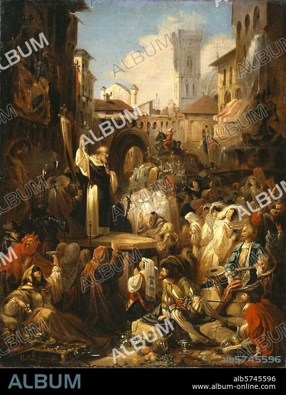 Savonarola, Girolamo; ital. Sittenprediger; 1452-1498. "Die Predigt von Savonarola in Florenz". Gemälde, 1850er Jahre, von Nikolaj Alexejewitsch Lomtjew (1816-1858). Öl auf Leinwand, 57 × 45 cm. Moskau, Staatliche Tretjakow-Galerie.