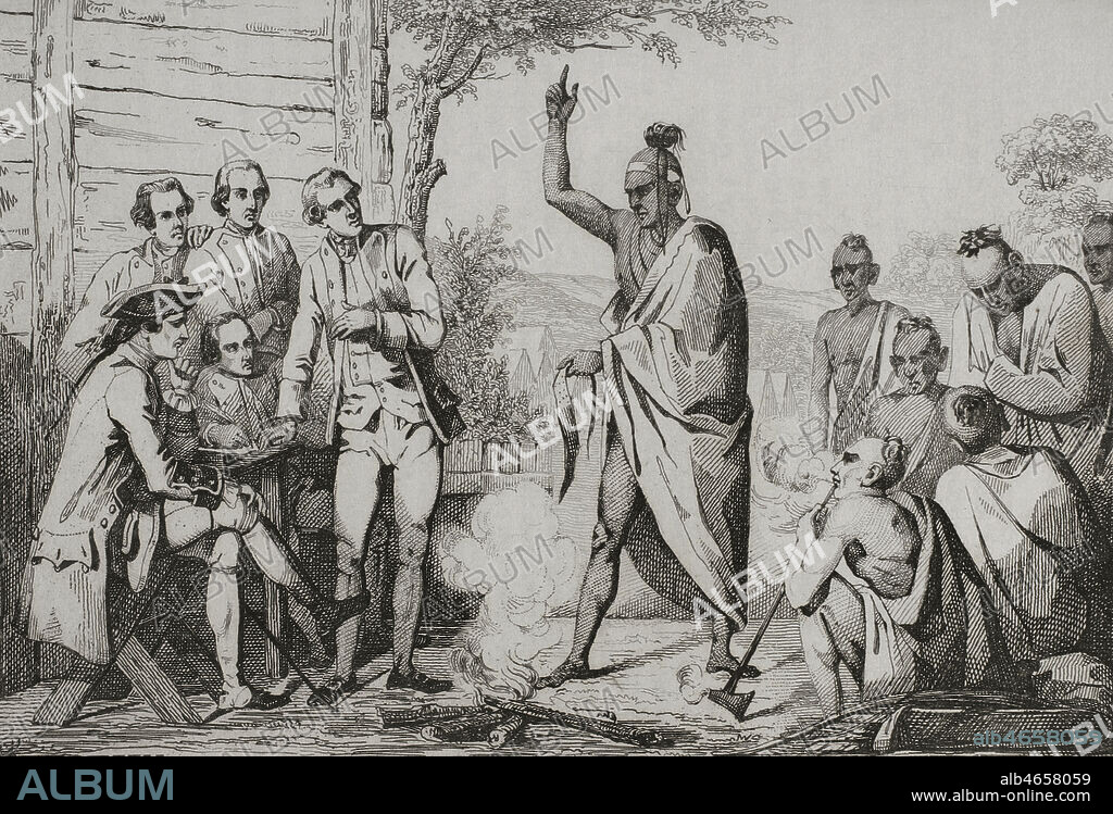 Estados Unidos. Consejo de nativos americanos y conquistadores, reunidos alrededor de un fuego. Grabado por Vernier. Panorama Universal. Historia de los Estados Unidos de América, por Roux de Rochelle. Edición española, impresa en Barcelona en 1850.