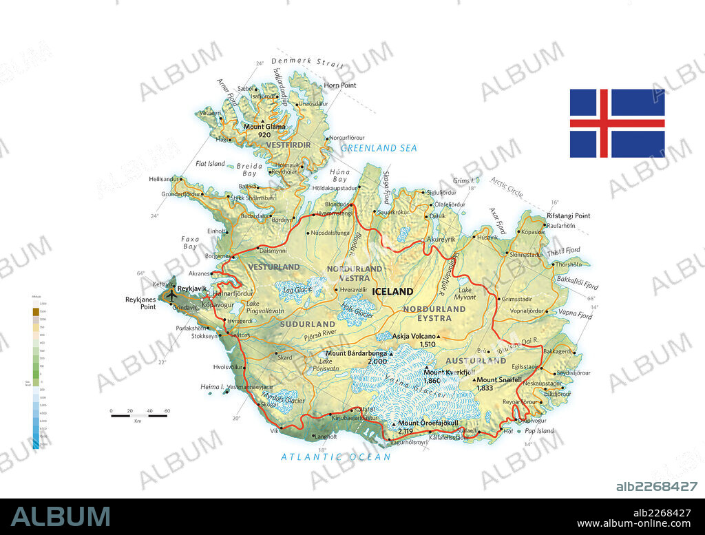 Islandia. Mapa físico y político de Islandia.