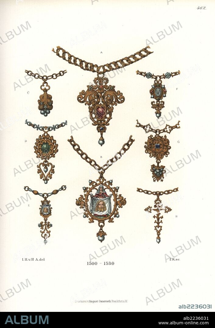 Jewelry from the early 16th century. Pendants in gold and silver on chains, with gemstones and image of the Turin shroud. Chromolithograph from Hefner-Alteneck's "Costumes, Artworks and Appliances from the Middle Ages to the 17th Century," Frankfurt, 1889. Illustration by Dr. Jakob Heinrich von Hefner-Alteneck, lithographed by I.K. Dr. Hefner-Alteneck (1811 - 1903) was a German museum curator, archaeologist, art historian, illustrator and etcher.