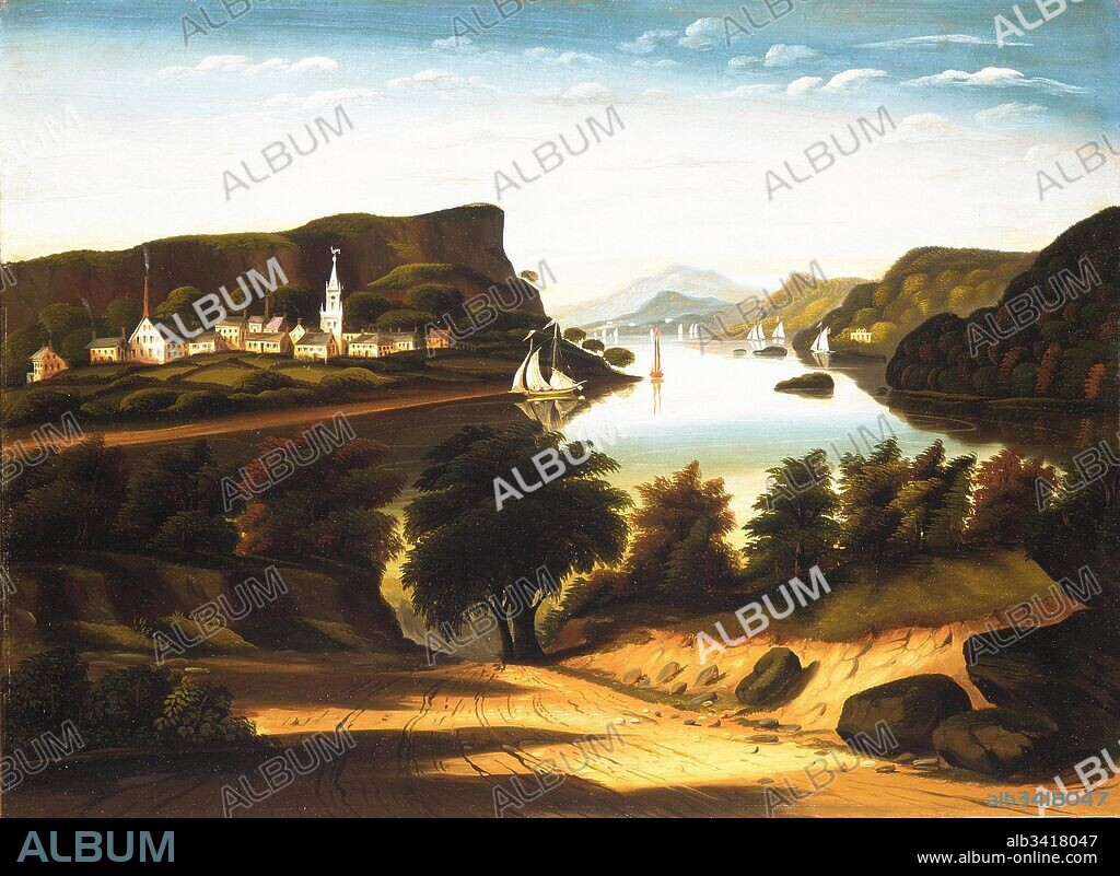 Lake George and the Village of Caldwell, ca. 1850s, Oil on canvas, 22 1/2 x 30 1/2 in. (57.2 x 77.5 cm), Paintings, Thomas Chambers (1808–after 1866), Based on a print of the same title by Jacques Milberg, this painting and seven other known versions represent one of Chambers’s most popular landscape subjects, set in upstate New York on the shores of Lake George.