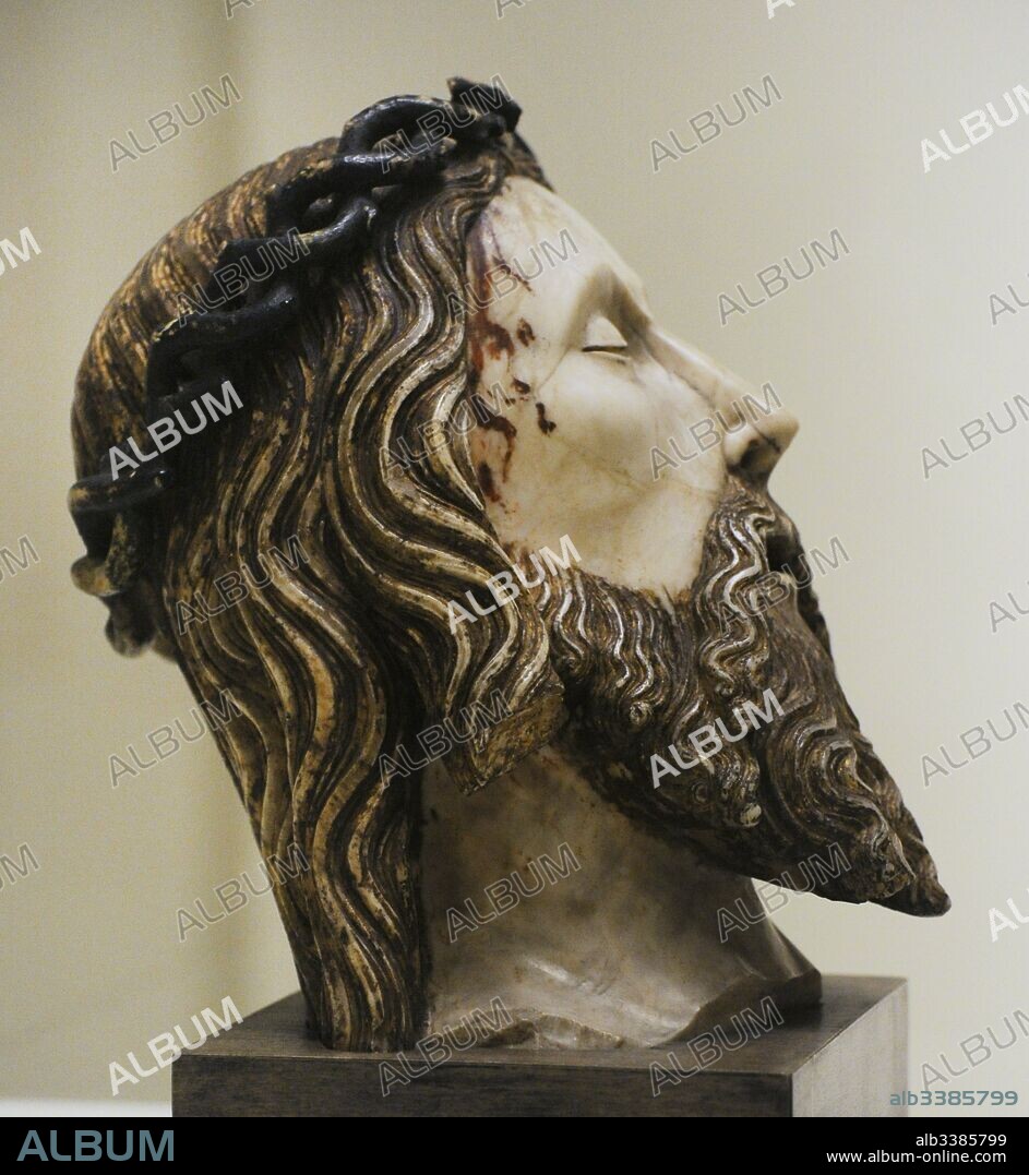 Jaume Cascalls (activo 1341-1377/1379). Escultor español. Cabeza de Cristo, h. 1352. Alabastro con restos de policromía. Procede probablemente de la Capilla del Corpus Christi del Convento de San Agustín Viejo, Barcelona. Museo Nacional de Arte de Cataluña. Barcelona. Cataluña. España.