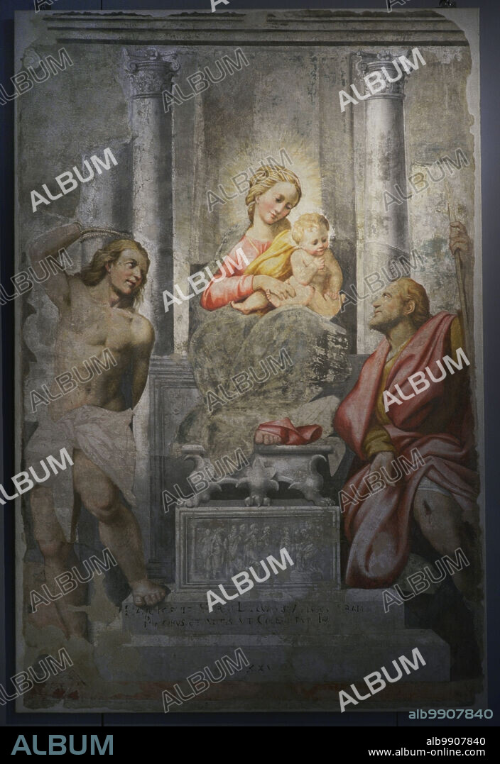 Bernardino Gatti, called il Soiaro (1495-1576). Italian painter. Madonna on the Throne between Saints Sebastian and Roch. Fresco removed using the strappo technique. From the church of San Giovanni Nuovo, Cremona. On loan from II.P.A.B. Museo Civico Ala Ponzone. Cremona. Lombardy. Italy.