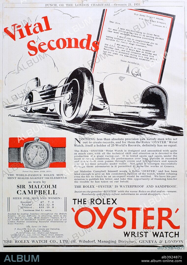Rolex 'Oyster wristwatch advert, 1931. Endorsed by World Land Speed Record holder Sir Malcolm Campbell. A print from Punch or The London Charivari, 21st October 1931.  Rights information: Cleared for Editorial Use Only. Please Contact Us For Any Other Clearance Rights.