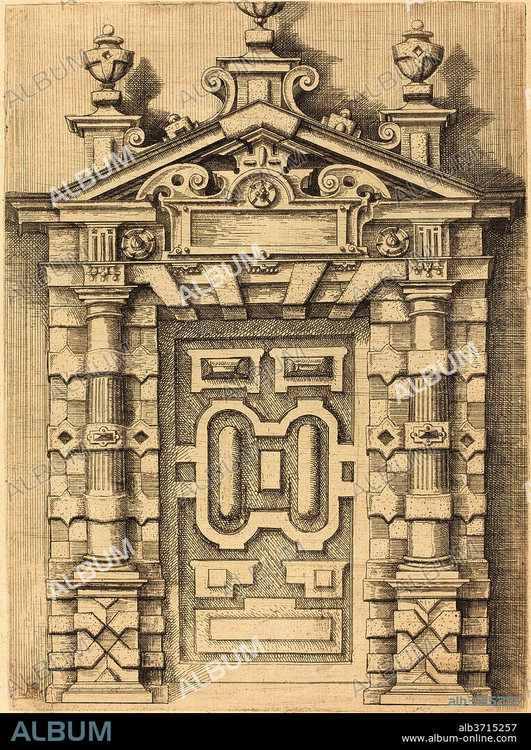 WENDEL DIETTERLIN (AUTHOR) AND ANONYMOUS ETCHER. Pedimented Doorway. Dated: c. 1594. Dimensions: plate: 25.3 x 18.6 cm (9 15/16 x 7 5/16 in.)  sheet: 34.7 x 25.7 cm (13 11/16 x 10 1/8 in.). Medium: etching with engraving on laid paper.