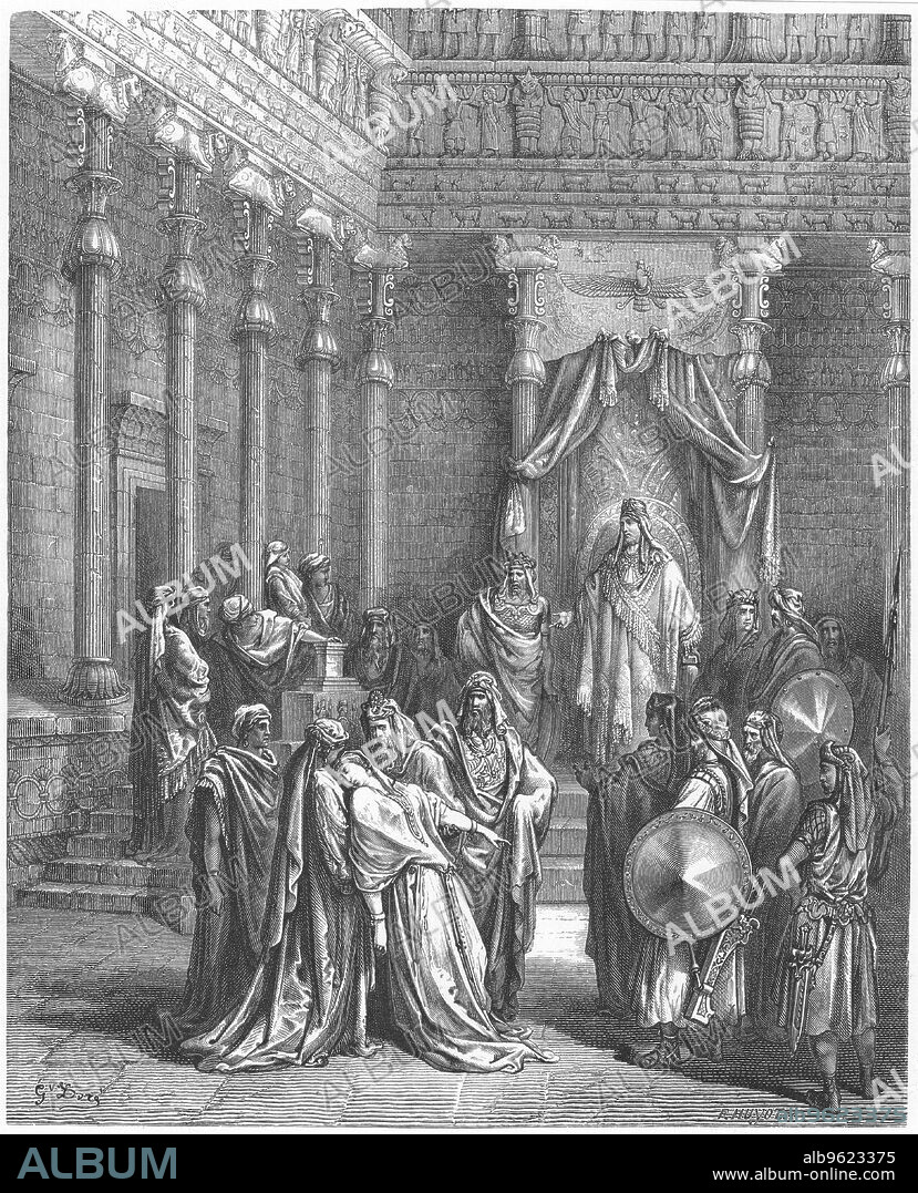 GUSTAVE DORé. Esther in the presence of Ahasuerus, 1866. Esther (Haddash or Hadassah) coming into the presence of King Ahasuerus fainting in fear as she expects to die if it is discovered that she is a Jew. The Persian King Ahasuerus, looking for a new Queen asks all the beautiful virgins in his kingdom to be brought to him. He selects Esther who has kept secret that she is a Jew as her people are reviled by the Persians. Ahasuerus makes her his Queen and by revealing the plot of Haman, the king's chief adviser, she gains favour for her people. Ahasuerus is thought to be Xerxes I who ruled Persia from: -485 to: -465. An episode in the Old Testament book of Esther. From The Bible by Gustave Dore. (London, 1866).