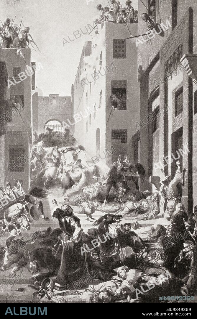 The massacre of the Mamelukes at the Cairo citadel, 1811 by Muhammad Ali of Egypt. Muhammad Ali Pasha al-Mas'ud ibn Agha, 1769 Ã¢â‚¬â€œ 1849. Ottoman Albanian commander in the Ottoman army, who rose to the rank of Pasha, and became W?li, and self-declared Khedive of Egypt and Sudan. From Hutchinson's History of the Nations, published 1915.