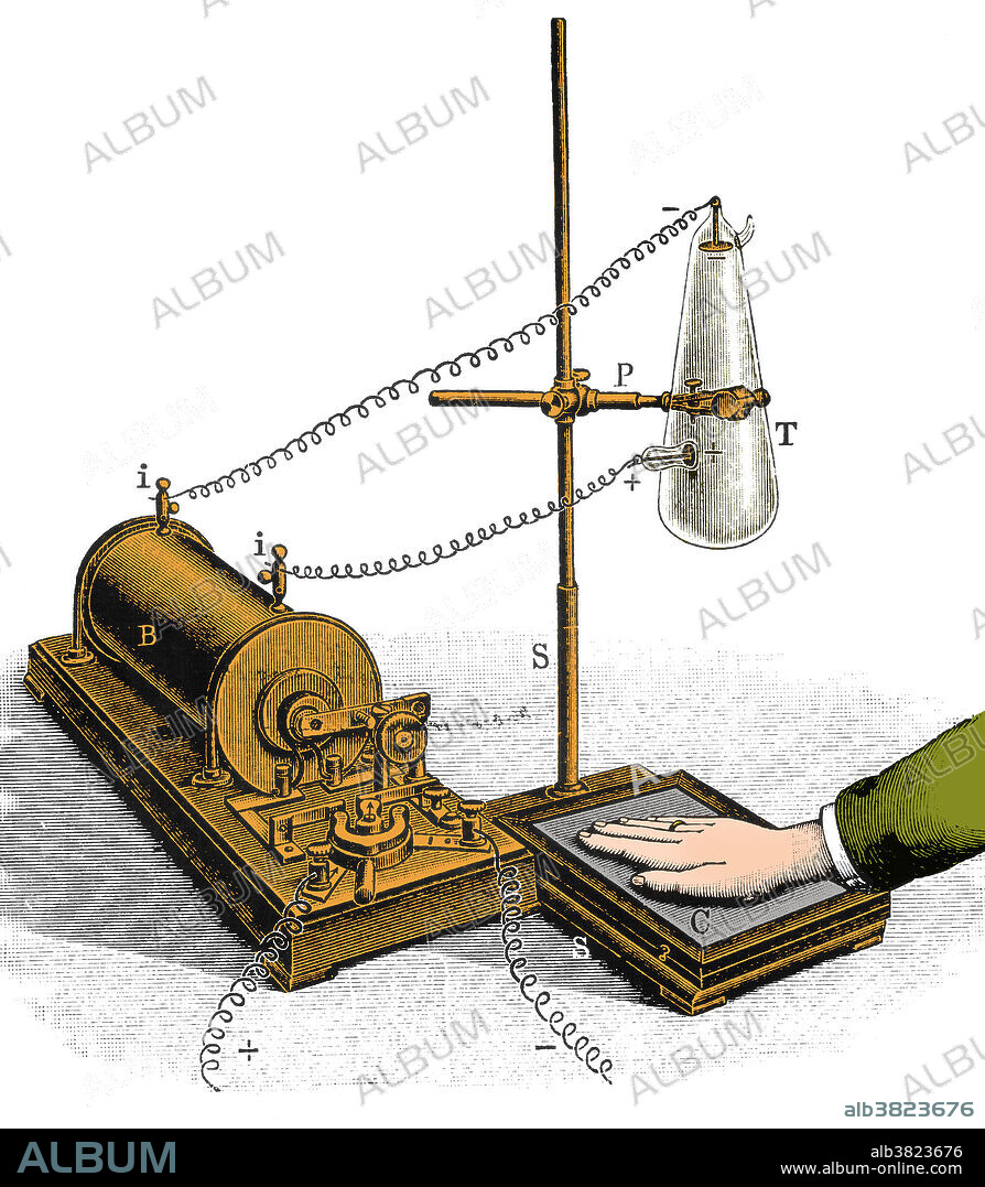 Wilhelm Conrad Roentgen (1845-1923), German experimental physicist and discoverer of X-rays. While using a discharge tube (in which an electric discharge is passed through a gas at low pressure) in a darkened room, Roentgen noticed that a card coated with barium platinocyanide glowed when the tube was switched on. The effect was not blocked by an intervening wall, or even a thin sheet of metal. Roentgen termed this newly discovered phenomenon X-ray radiation, and suggested that it consisted of electromagnetic rays with a shorter wavelength than light. He was awarded the first Nobel Prize for Physics in 1901. Drawing of the X-ray machine used by German physicist Wilhelm Roentgen to produce images of the hand. The generator (B) supplied a high voltage to the cathode ray tube (Crookes tube) at upper right (T). This tube produced X-rays which left an image of the hand on a covered, photographic plate (C).