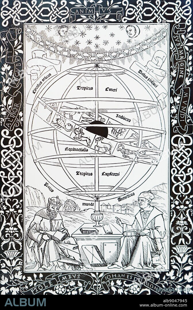 Frontispiece of 'Epitome in Ptolemaei Almagestum' by Regiomontanus (1436-1476) a mathematician and astronomer, showing using an astrolabe. Dated 15th Century.