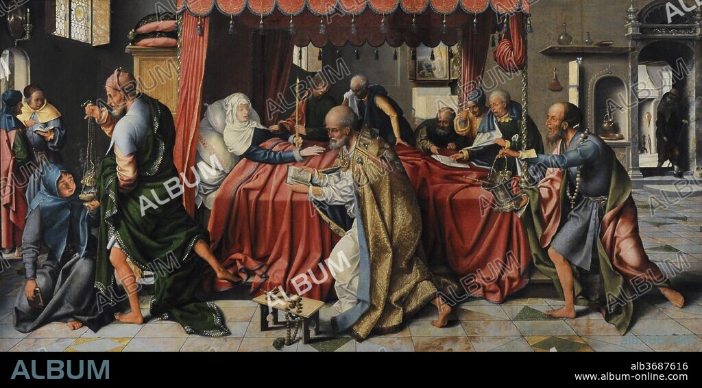 Joos van Cleve (h.1485-1540/1541). Flemish painter. Triptych with the Death of Mary, 1515. Central panel. Wallraf-Richartz Museum. Cologne. Germany.