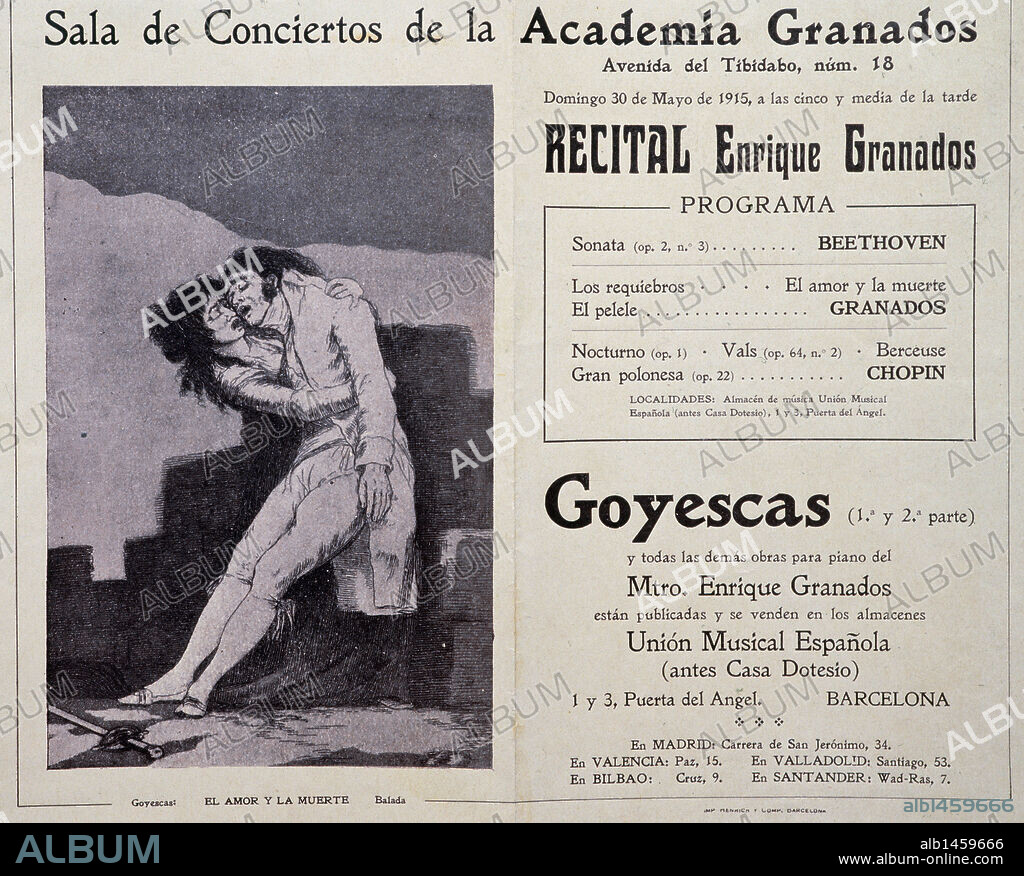 GRANADOS Y CAMPIÑA, Enrique (Lérida,1867-alta mar 1916). Compositor y pianista español. Programa de Concierto interpretado al piano por el mismo. "GOYESCAS". Primera y segunda parte. Mayo de 1915. Academia Granados. Barcelona. Cataluña.