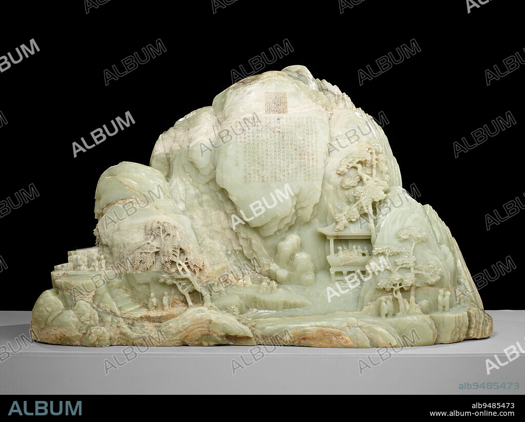 Jade Mountain Illustrating the Gathering of Scholars at the Lanting Pavilion, 1790, 22 1/2 × 38 3/8 in. (57.2 × 97.5 cm), Light green jade, China, 18th century, The Qing dynasty emperor Qianlong (r. 173695) commissioned this jade boulder, apparently the largest piece of historic carved jade outside of China. It depicts a literary gathering of scholar-officials at Lanting, the Orchid Pavilion described in 'Lanting jixu' (Preface to the Poems Composed at the Orchid Pavilion), by Wang Xizhi (303361), recognized as the greatest calligrapher of the Far East. The prose itself is carved on the front. Wang Xizhi, together with forty-one other renowned scholar-officials, gathered at Lanting and engaged in a drinking contest: wine cups were floated down a small winding creek as the men sat along its banks. Whenever a cup stopped, the man closest to the cup was required to drink it and write a poem. In the end, twenty-six of the participants composed thirty-seven poems. Emperor Qianlongs own poem appears carved on the reverse.