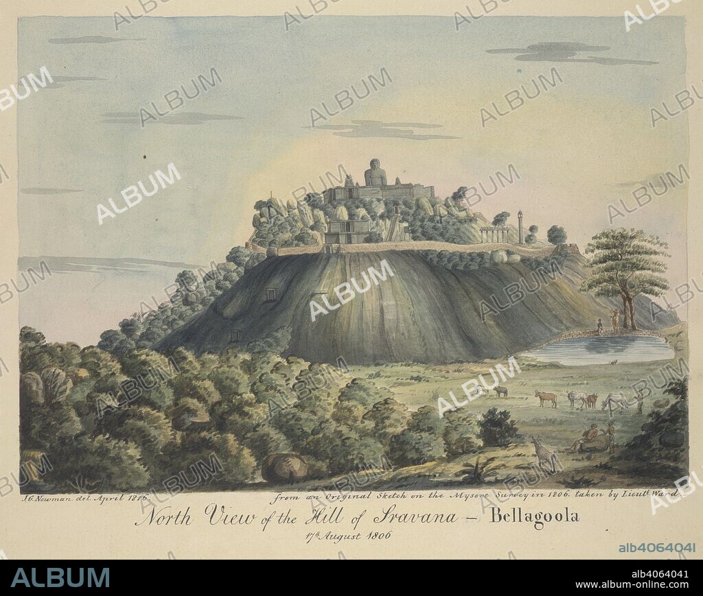 JOHN NEWMAN and BENJAMIN SWAIN WARD. Sravana Belgola (Mysore). India, 1816. A north view of the hill of Sravana Belgola (Mysore), with statue of Gommatesvara. Inscribed on front in ink: as title and 'taken by Lieut Ward. J.G. Newman del.April 1816. Watercolour.  Originally published/produced in India, 1816. . Source: WD 576,.
