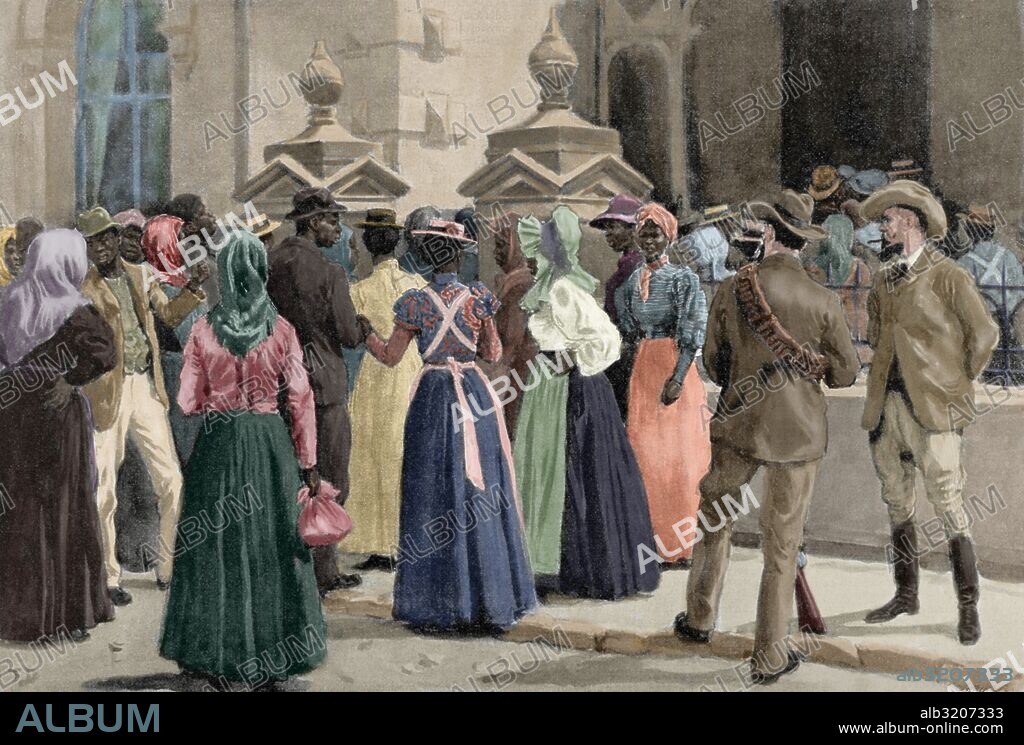 GUERRAS DE LOS BOERS. Segunda Guerra (1899-1902). Conflicto que enfrentó a británicos y bóers (antiguos colonos de origen neerlandés) en la actual Sudáfrica. "El Exodo de Johannesburgo: Indígenas disponiéndose a abandonar la ciudad. Grabado de "La Ilustración Artística", 1900. Coloreado.