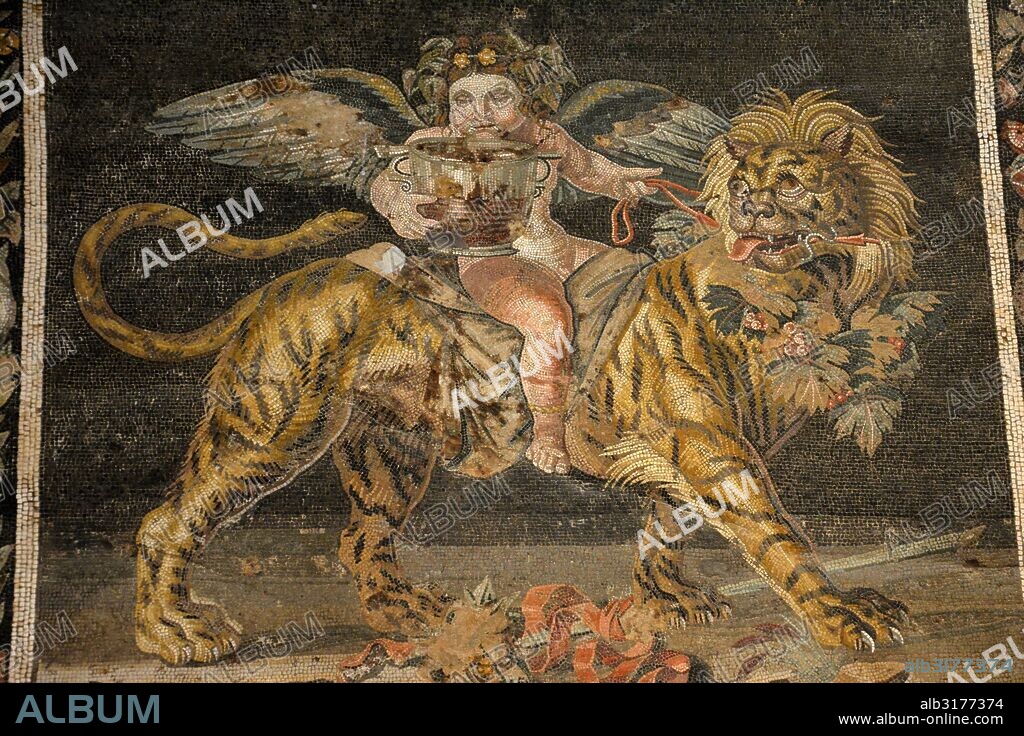 Pompeii, House of the Faun. Mosaic detail of winged Dionysus riding a tiger. Country of Origin: Italy. Culture: Roman. Period/ Date: Late 2nd C BC Credit Line: Werner Forman Archive/ N.J. Saunders.