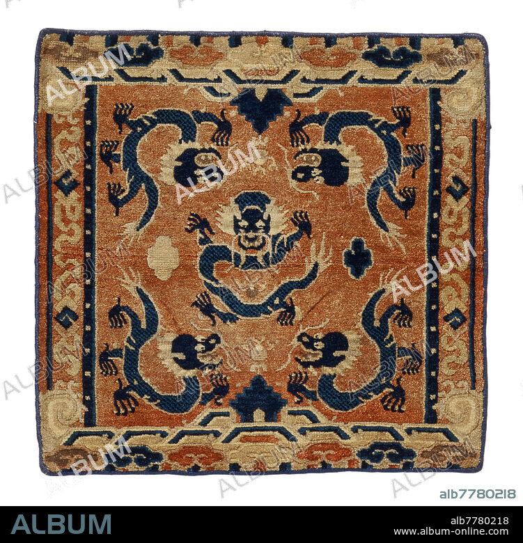 THRONE CARPET WITH DRAGON AND TWO SITTING CARPETS WITH CLOUDS AND FLOWERS.<br><br>China. Ningxia. Qing dynasty (1644-1911). 18th/19th c. Art trade, Van Ham.