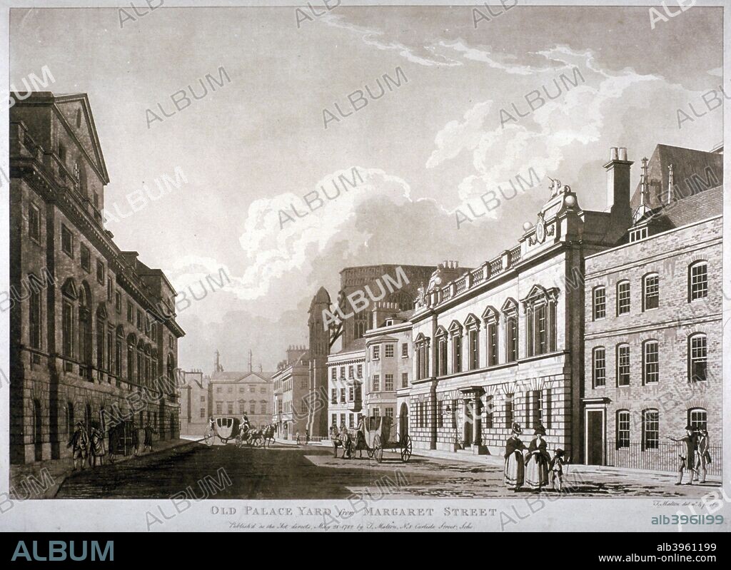 Old Palace Yard, Westminster, London, 1782. View of Old Palace Yard from Margaret Street, with figures, horsedrawn carriages and a sedan chair on the street.