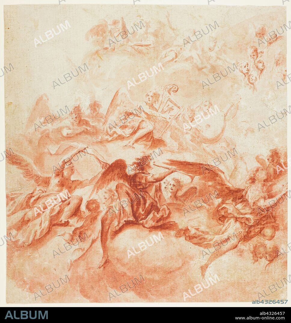 Music-Making Angels, n.d., Possibly attributed to Vittorio Maria Bigari (Italian, 1692-1776), or Giacomo Guerrini (Italian, 1718-1793), Italy, Red chalk, with brush and red chalk wash, over traces of black chalk, on ivory laid paper, 321 x 303 mm.