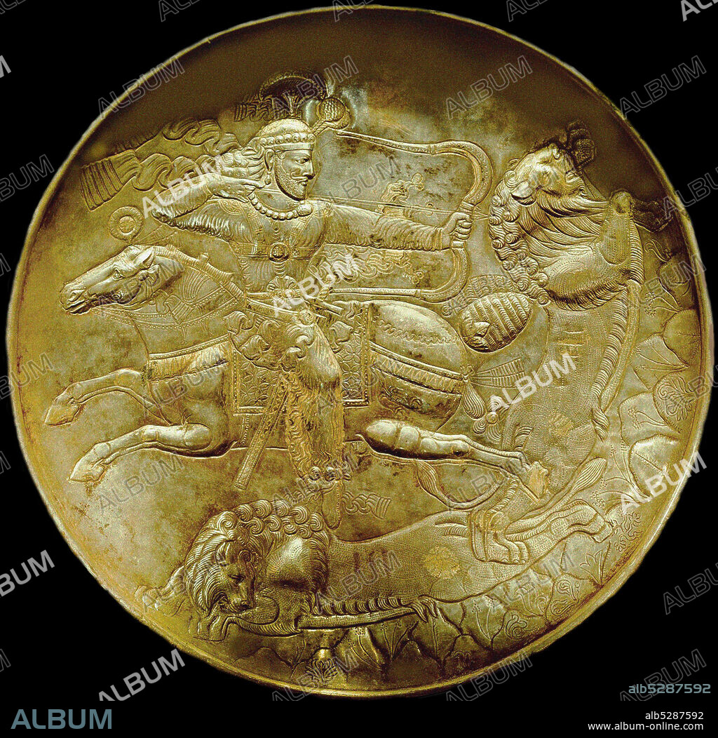 SASSANIAN ART. Plate with an archer hunting lion.