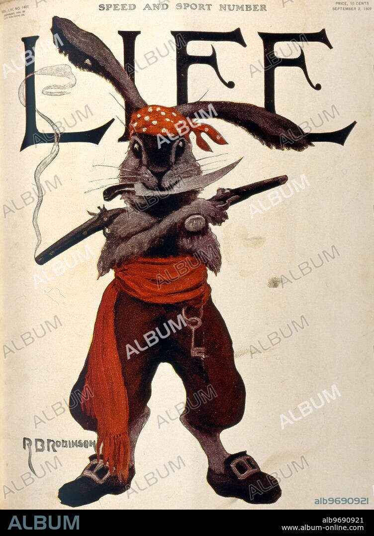 Front cover of Life Magazine from 2 September 1909. Speed and Sport Number : showing a rabbit (hare) dressed as a pirate.