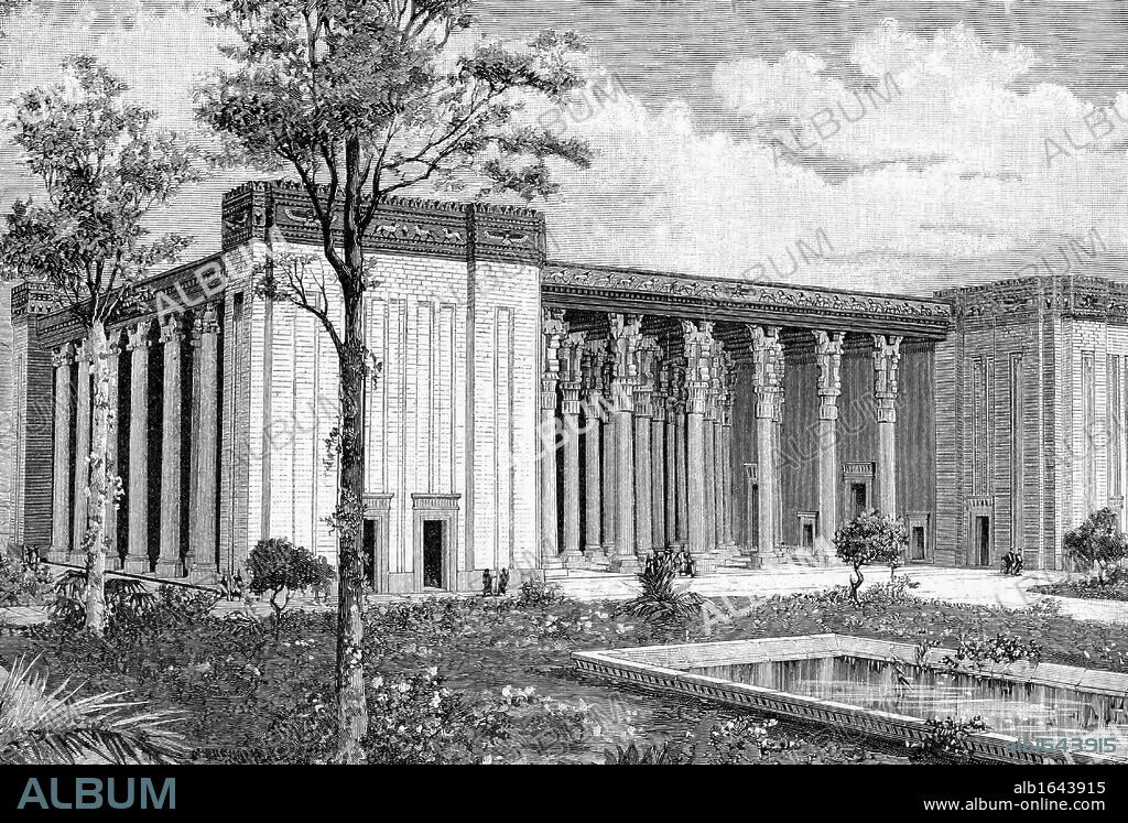 Reconstruction by French archaeologist Marcel-Auguste Dieulafoy of the palace of Artaxerxes II Mnemon, Achaemenian king of Persia 404-359 BC, at Susa (Shush, Iran) . Engraving 1891.