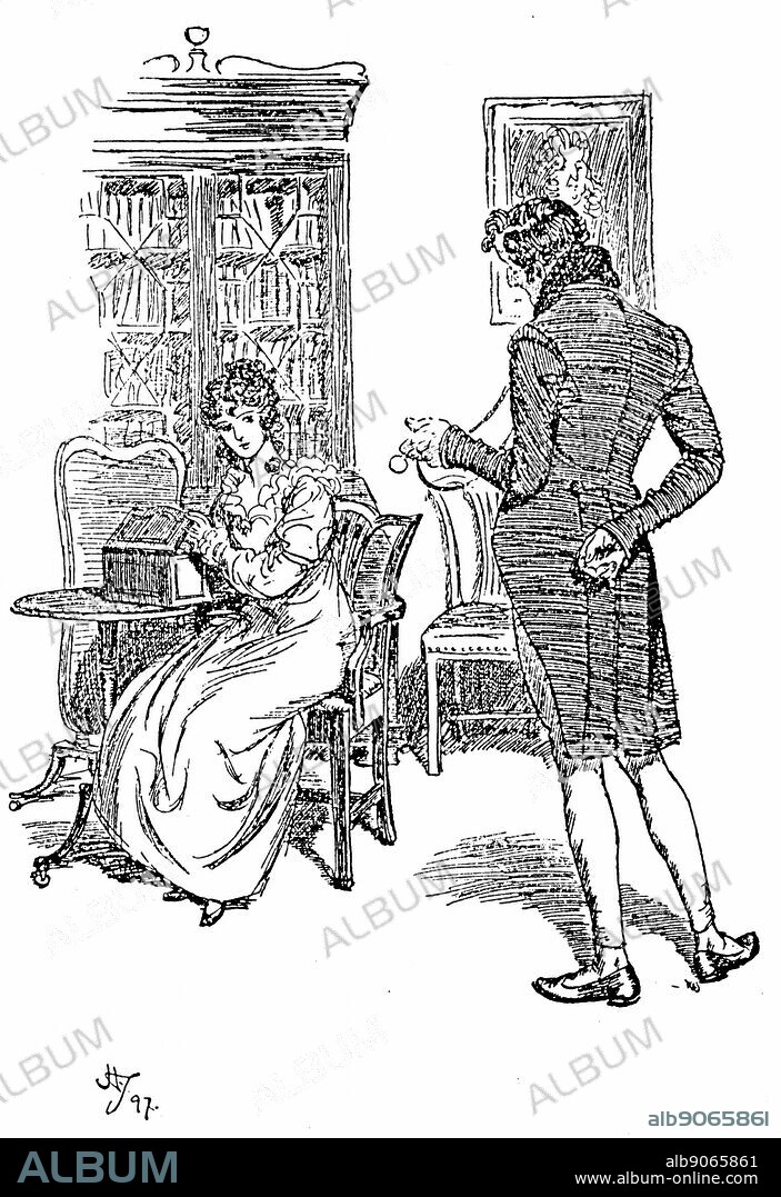 Jane Austen 'Persuasion'. Austen's last novel published 1818. Anne Elliot complimented by her cousin William Elliot during her stay in Bath. Illustration by Hugh Thomson 1897. Engraving.