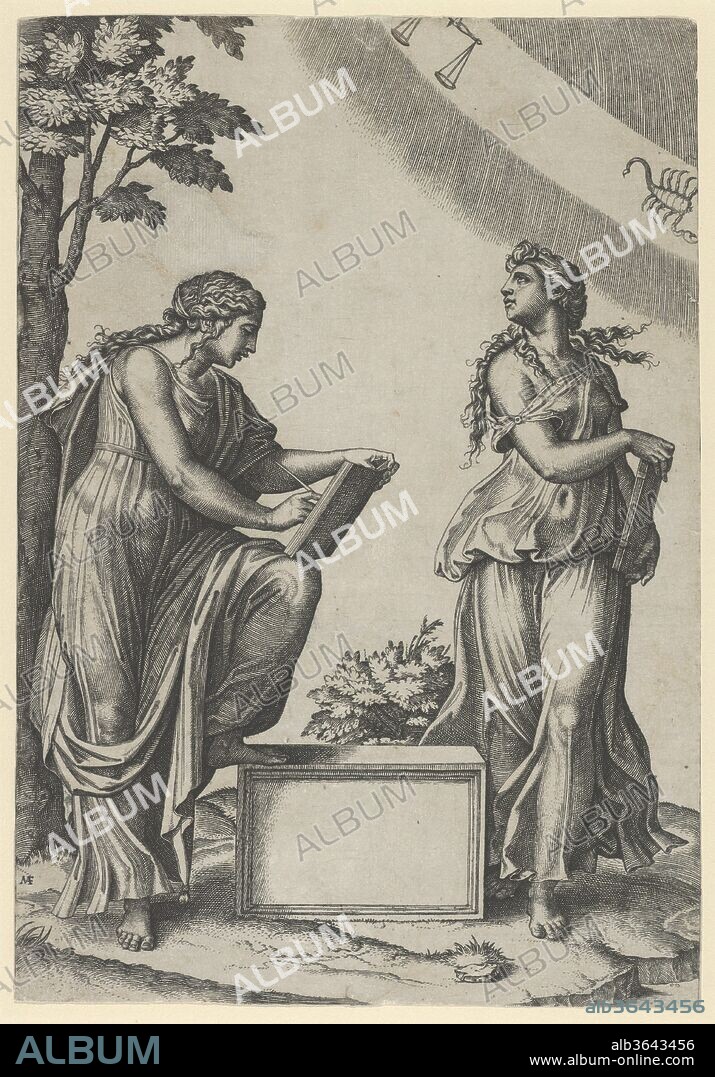 MARCANTONIO RAIMONDI and ? AFTER RAPHAEL (RAFFAELLO SANZIO OR SANTI). Two women of the zodiac standing beneath the signs of Libra and Scorpio. Artist: Marcantonio Raimondi (Italian, Argini (?) ca. 1480-before 1534 Bologna (?)); ?After Raphael (Raffaello Sanzio or Santi) (Italian, Urbino 1483-1520 Rome). Dimensions: Sheet: 11 1/4 × 7 7/8 in. (28.6 × 20 cm). Date: ca. 1517-20.