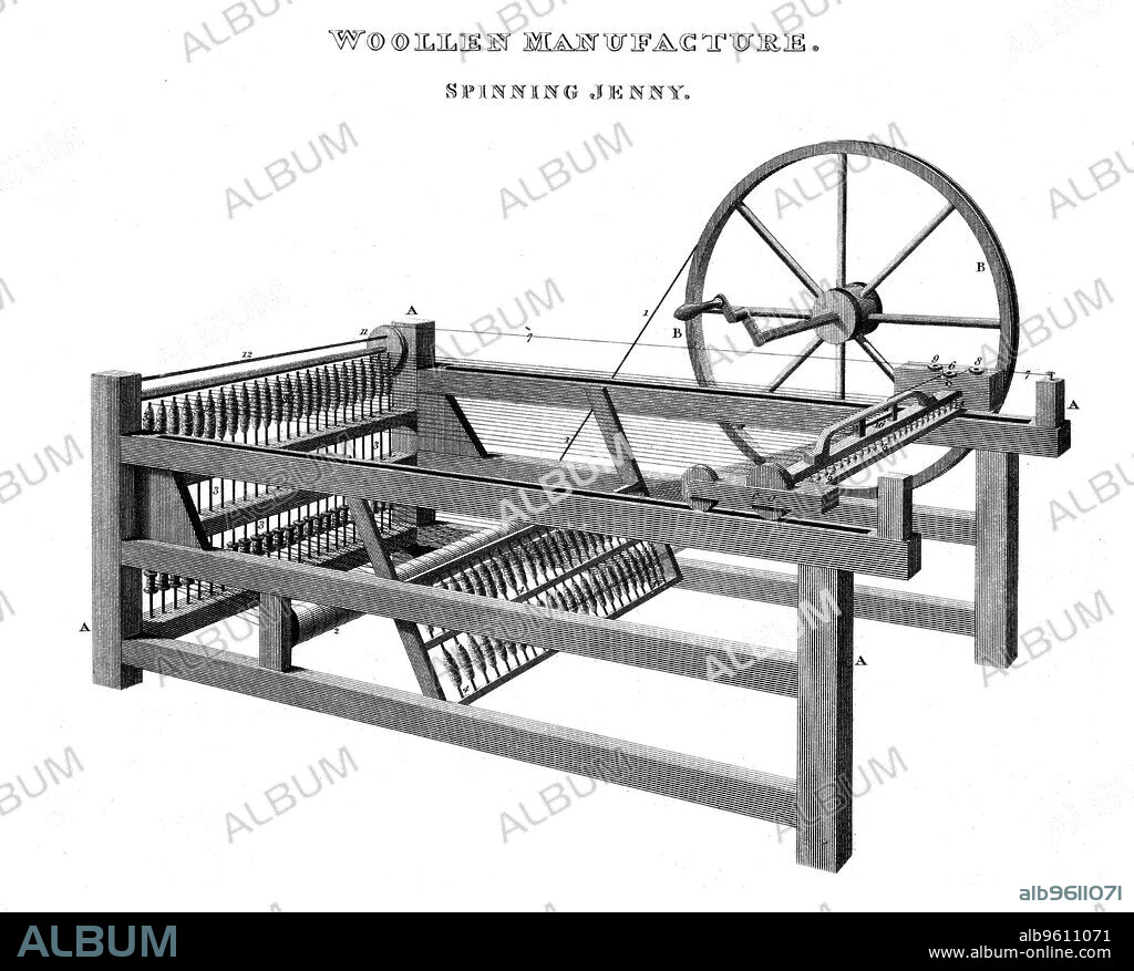 Spinning Jenny, 1820. The Spinning Jenny was invented by James Hargreaves (c1720-1778) in 1764. On his original machine, a single wheel controlled eight spindles rather than the single spindle on conventional spinning wheels. Later versions had upwards of eighty spindles. Spinners were suspicious of Hargreaves' invention, believing that it would enable mill owners to employ less workers.